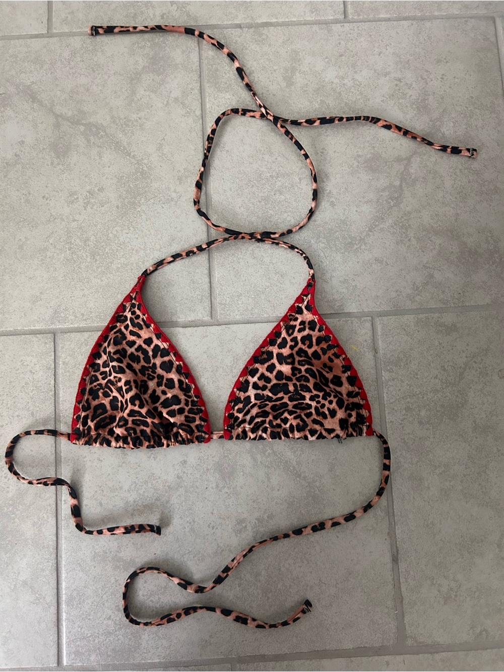 Leopard Print Triangle Bikini Top with Red Trim Seamolly M
